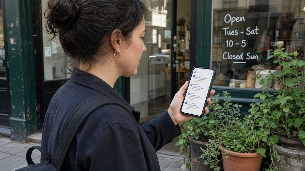 Dükkan önünde telefonundan arama sonuçlarına bakan bir kadın