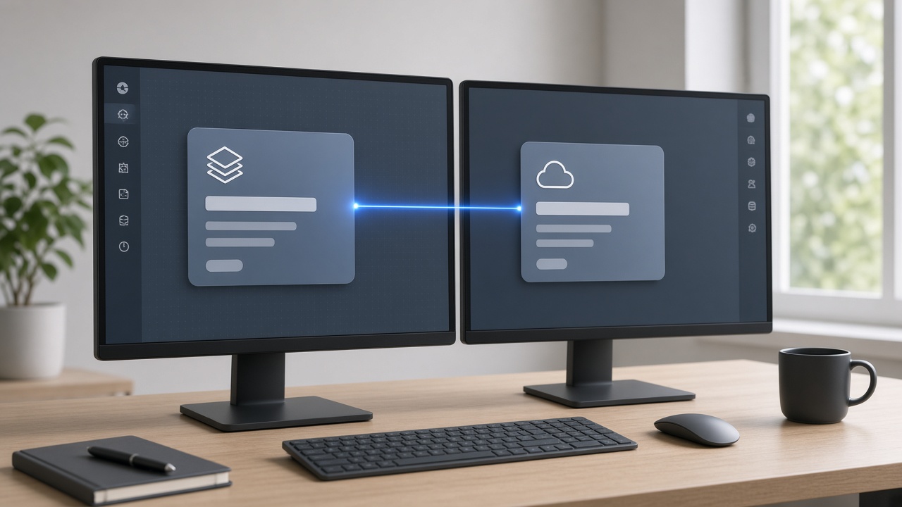 İki monitör arasında kobalt bir bağlantı çizgisi