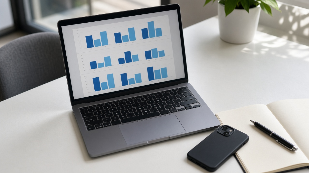 Dizüstünde mavi çubuk grafik, yanında telefon ve defter